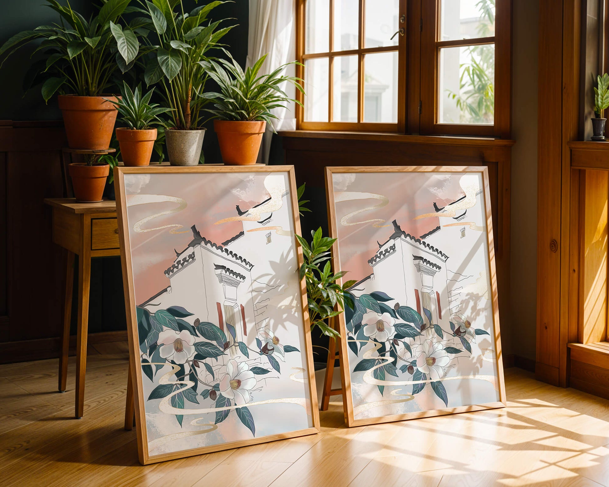 Escena arquitectónica serena con flores y cielo de atardecer
