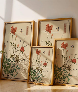 Delicate Floral Art with Red Flowers and Butterflies