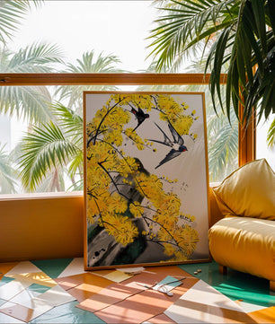Representación artística de golondrinas entre flores amarillas vibrantes