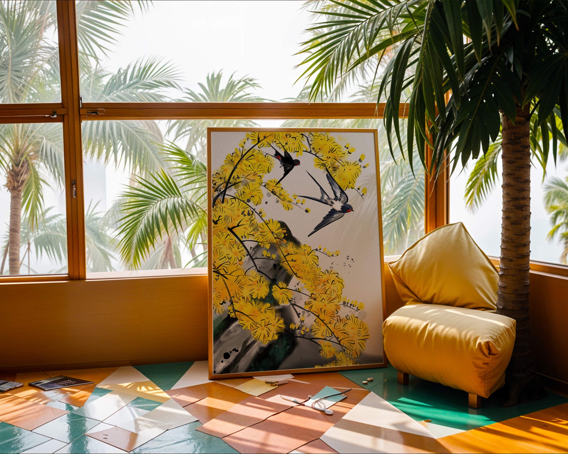 Artistic depiction of swallows amid vibrant yellow blossoms