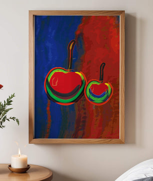 Pintura abstracta de cerezas con colores vibrantes