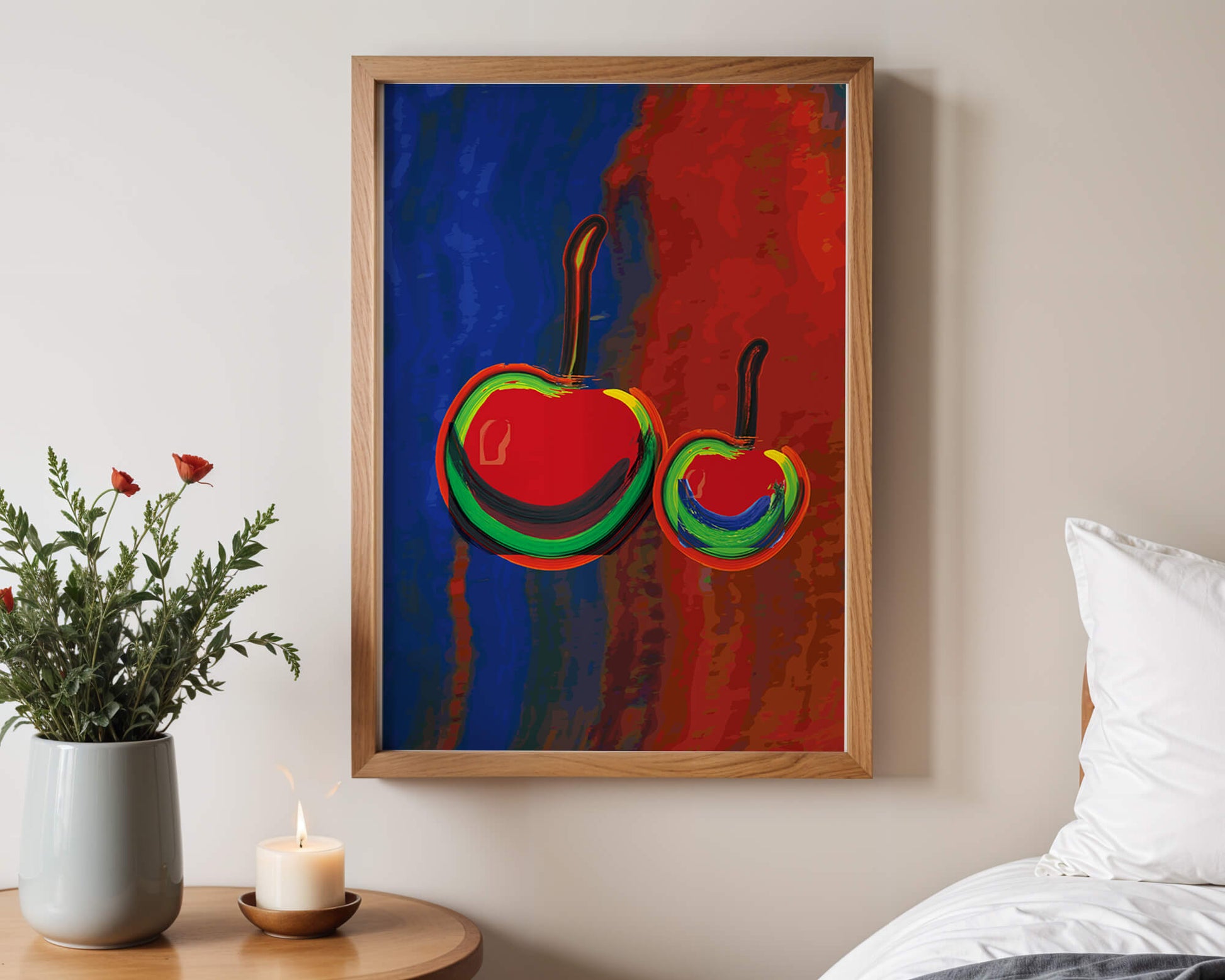 Pintura abstracta de cerezas con colores vibrantes.