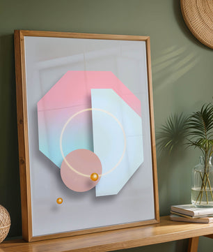 An abstract geometric art piece with pastel tones and golden accents