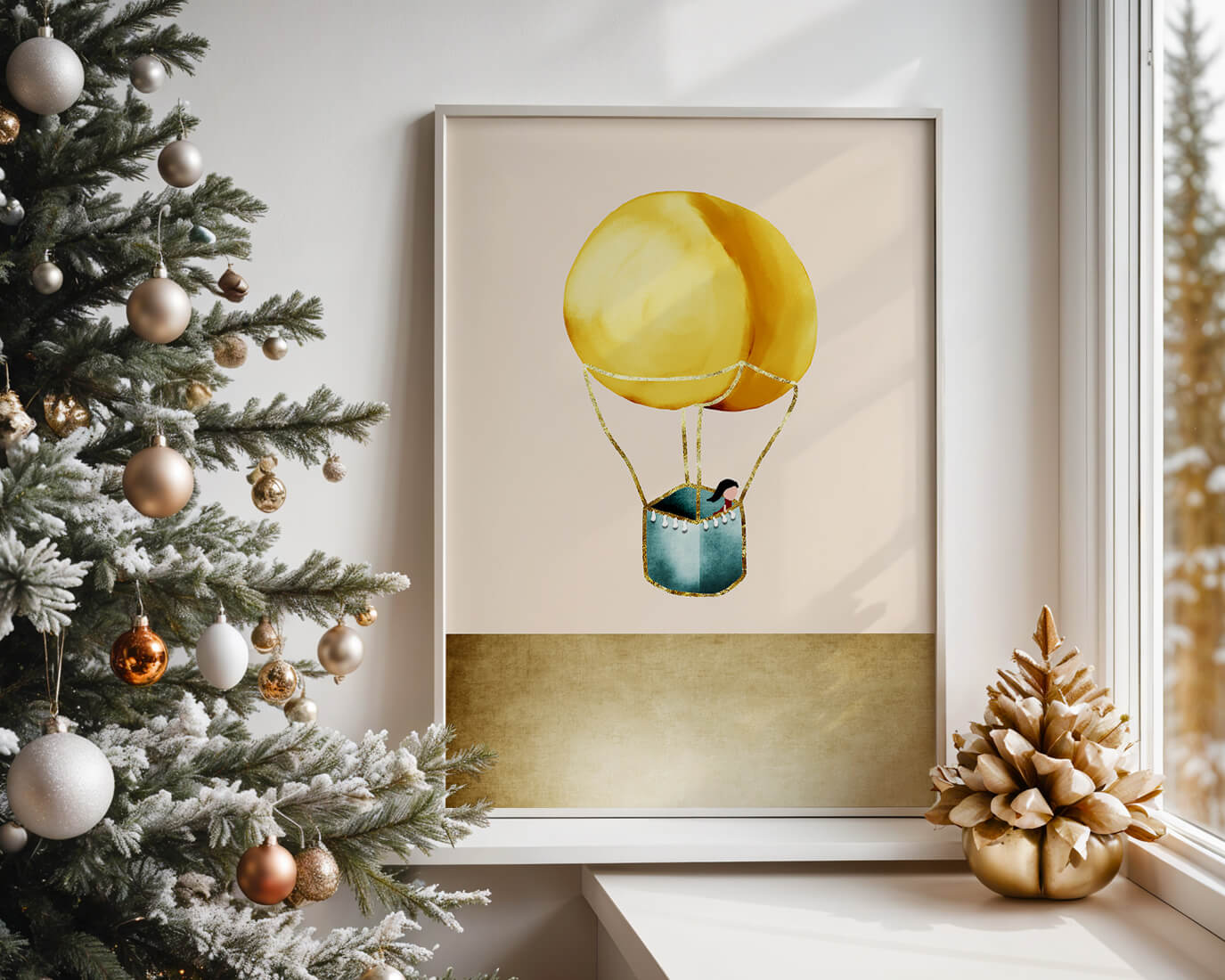 Charming Hot Air Balloon Illustration with Golden Accents