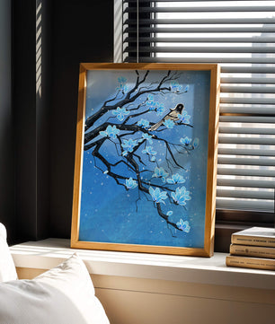 Blue Blossoms on Branch with Bird in Winter Scene