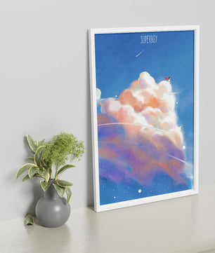 Whimsical illustration of superboy with dreamy cloudscape
