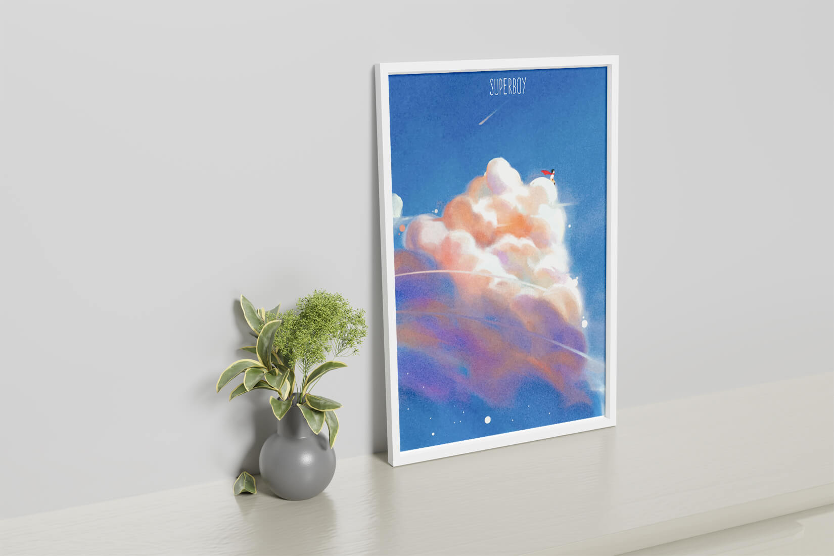 Whimsical illustration of superboy with dreamy cloudscape