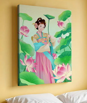 Traditional Asian woman in a garden surrounded by lotus flowers and green leaves
