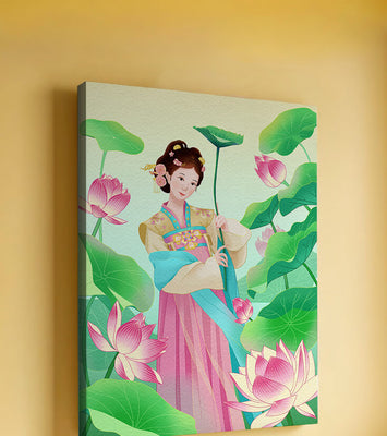 Traditional Asian woman in a garden surrounded by lotus flowers and green leaves