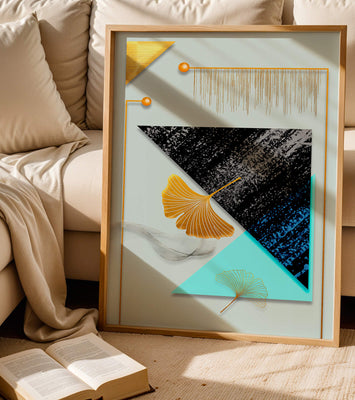 Abstract Composition with Geometric Shapes and Gold Ginkgo Leaves