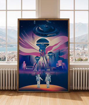 Futuristic Space City With Alien Creatures and Astronauts
