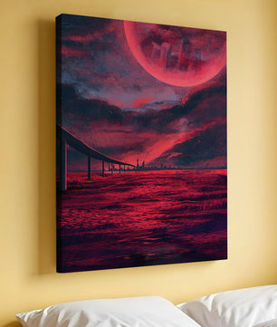 Surreal Scarlet Landscape with Bridge and Celestial Body