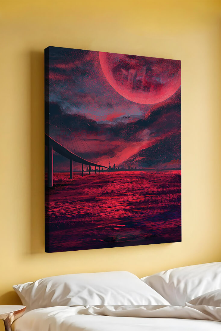 Surreal Scarlet Landscape with Bridge and Celestial Body