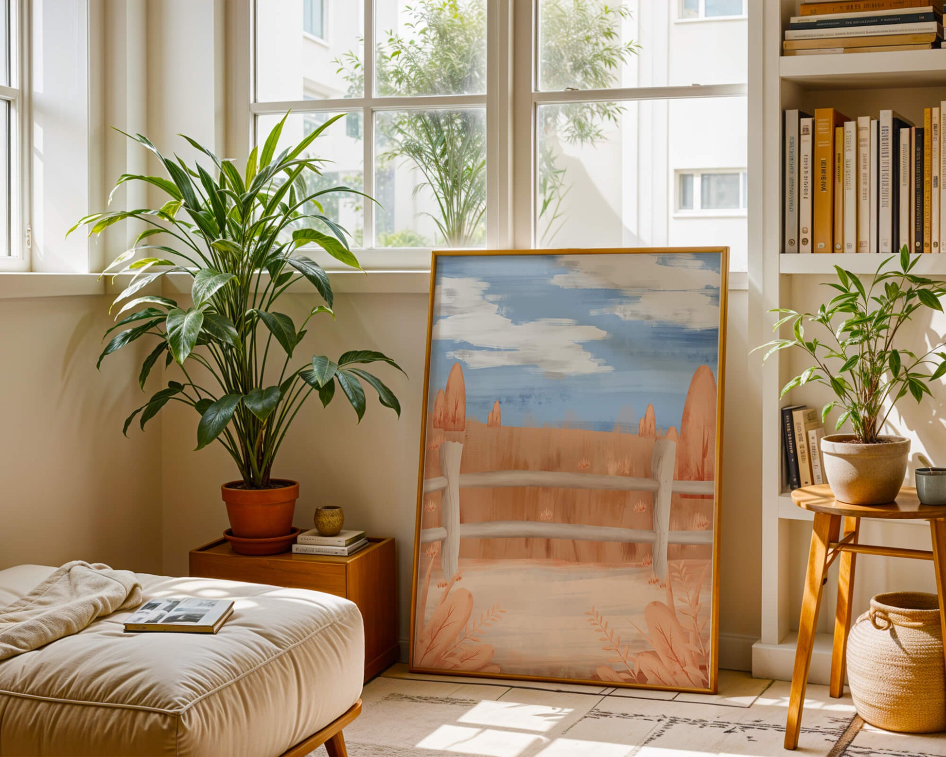 Paisaje otoñal sereno con cerca de madera y cielo azul