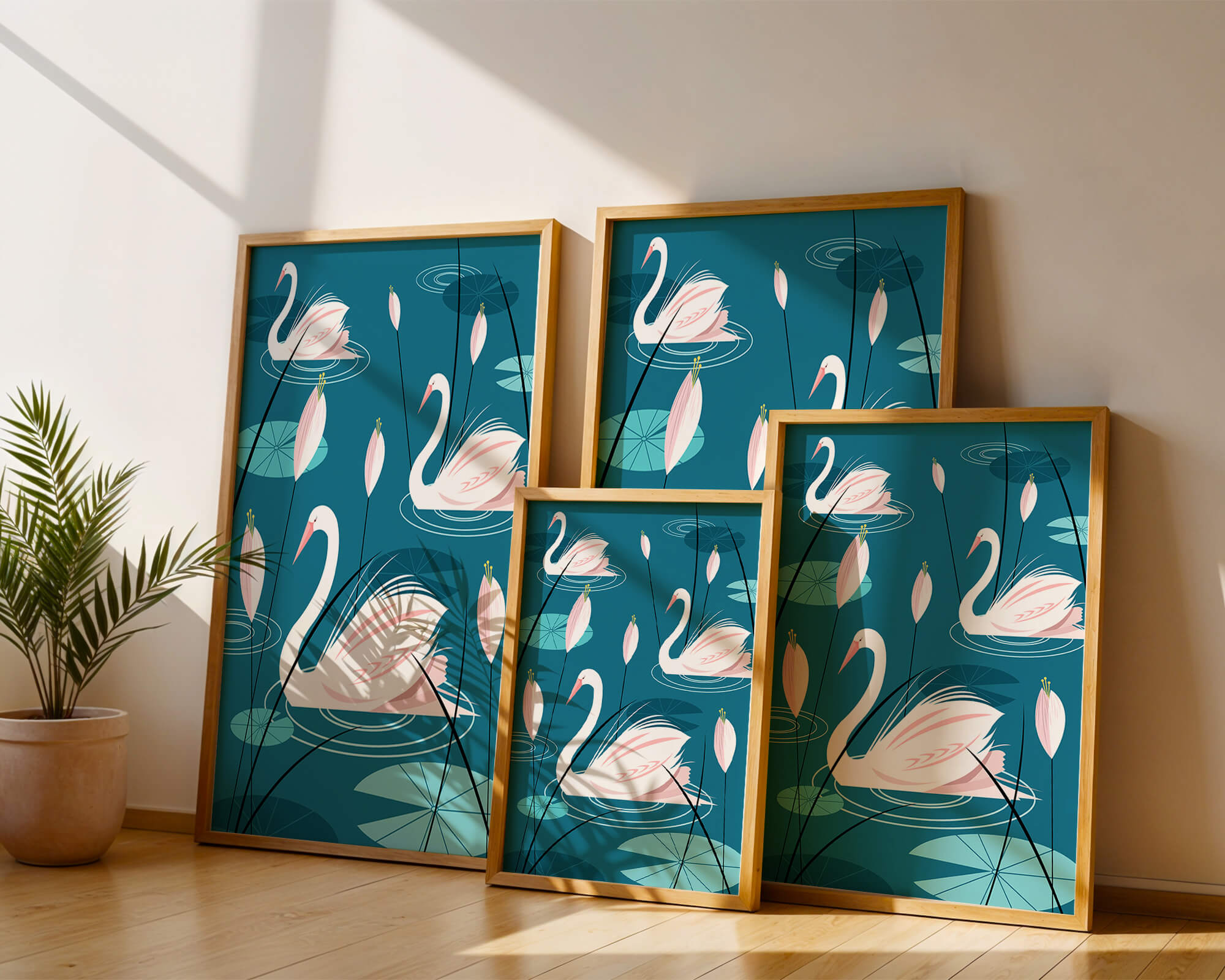 Serene illustration of swans gracefully gliding on a pond with lily pads