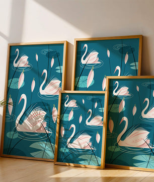 Serene illustration of swans gracefully gliding on a pond with lily pads