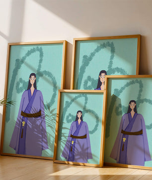 Personaje con atuendo tradicional sobre fondo texturizado