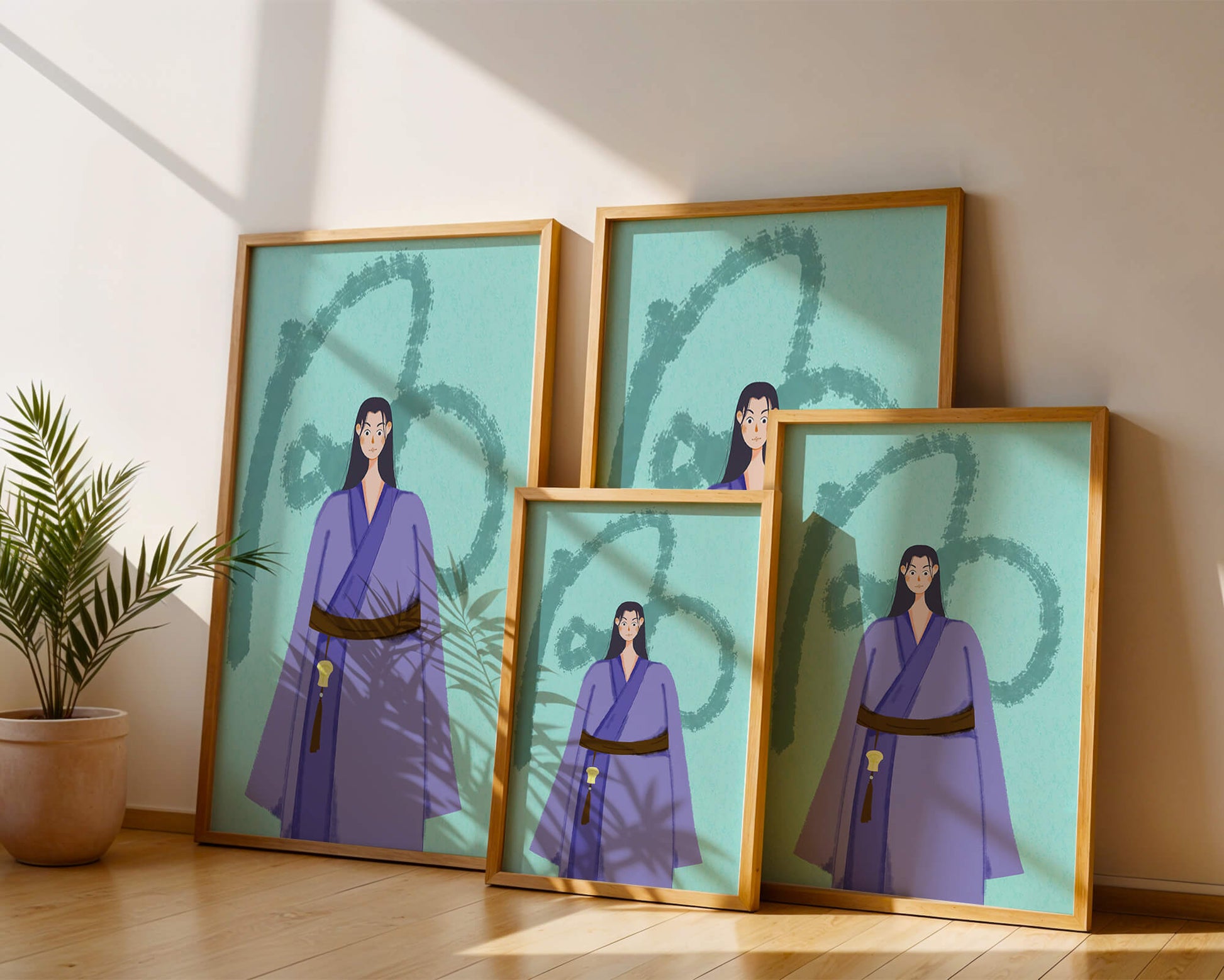 Character in traditional attire on textured background