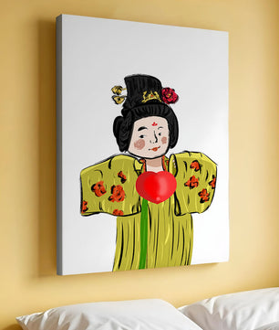 Ilustración de una figura tradicional con atuendo vibrante y un símbolo de corazón