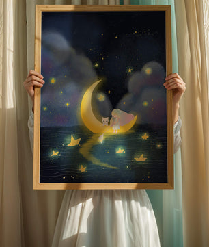 Whimsical night scene with child and cat on crescent moon