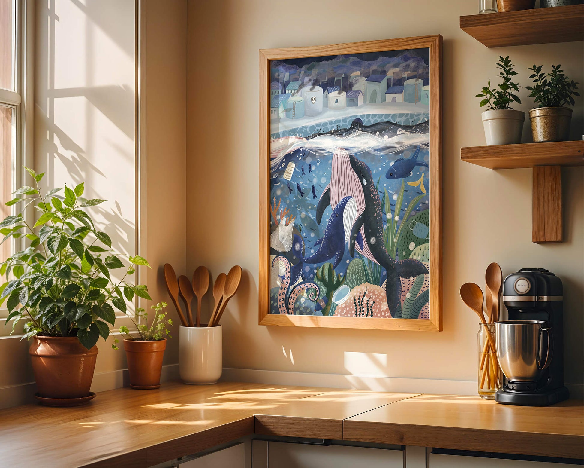 Whimsical Underwater City with Marine Life and Pollution