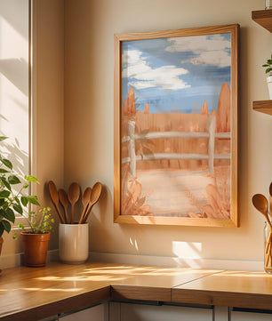 Paisaje otoñal sereno con cerca de madera y cielo azul