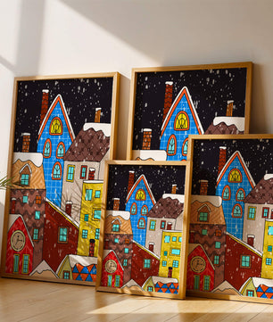 Farbenfrohe Winterstadtlandschaft mit schneebedeckten Häusern im Cartoon-Stil