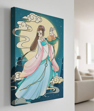 Traditional Asian-inspired artwork featuring a woman and rabbit under a moonlit sky