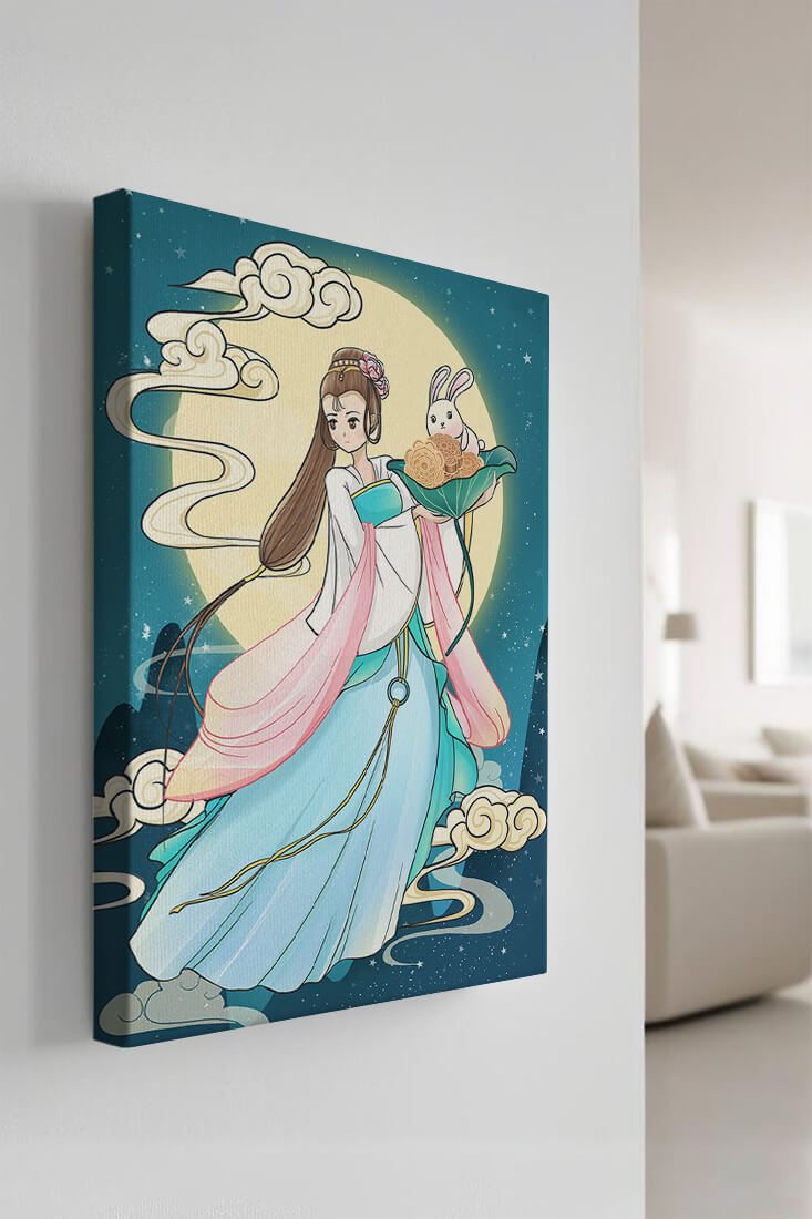 Traditional Asian-inspired artwork featuring a woman and rabbit under a moonlit sky