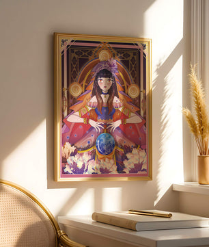 Obra de arte de fantasía con una adivina que tiene una bola de cristal y flores