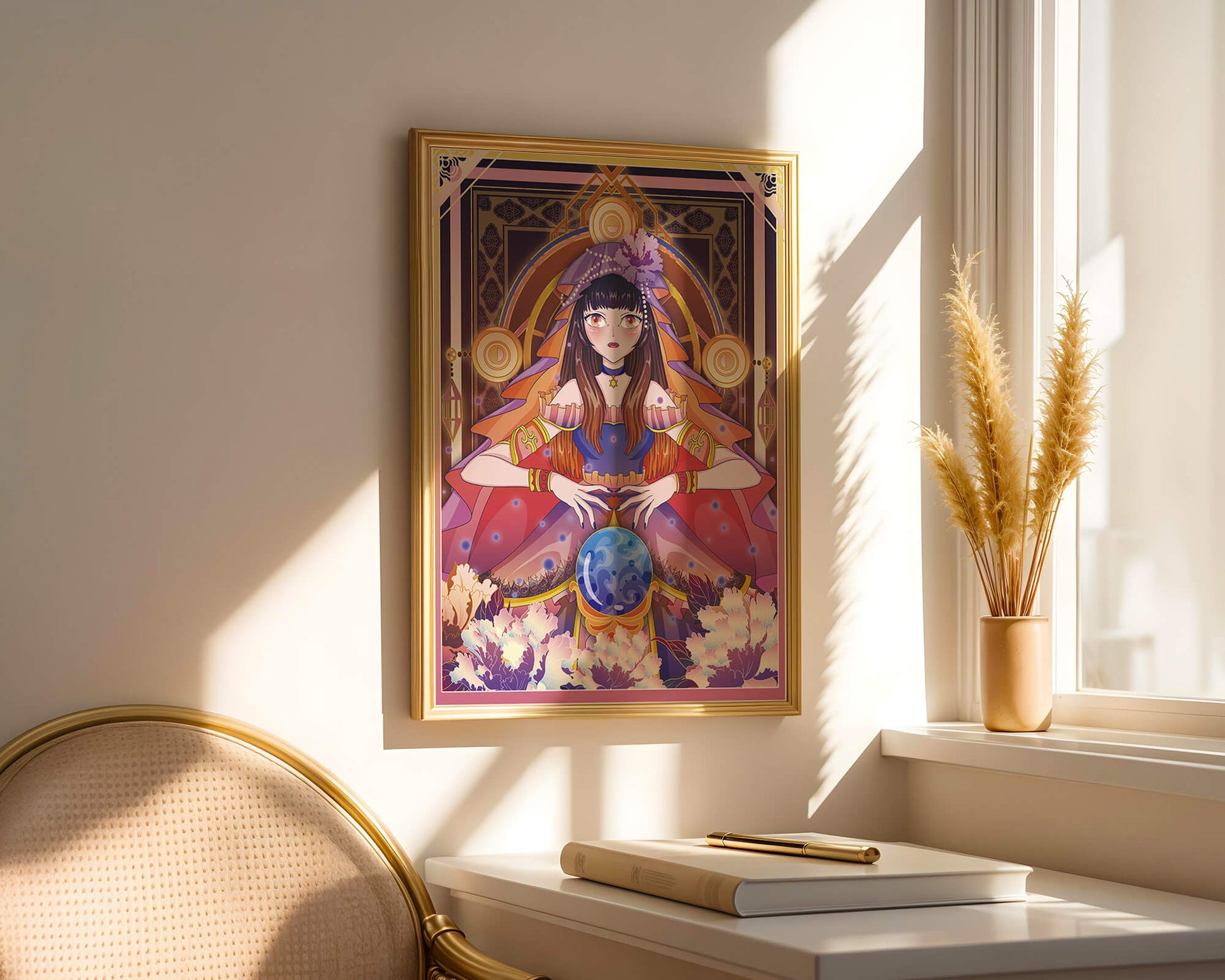 Fantasy Artwork Featuring a Fortune Teller with Crystal Ball and Flowers