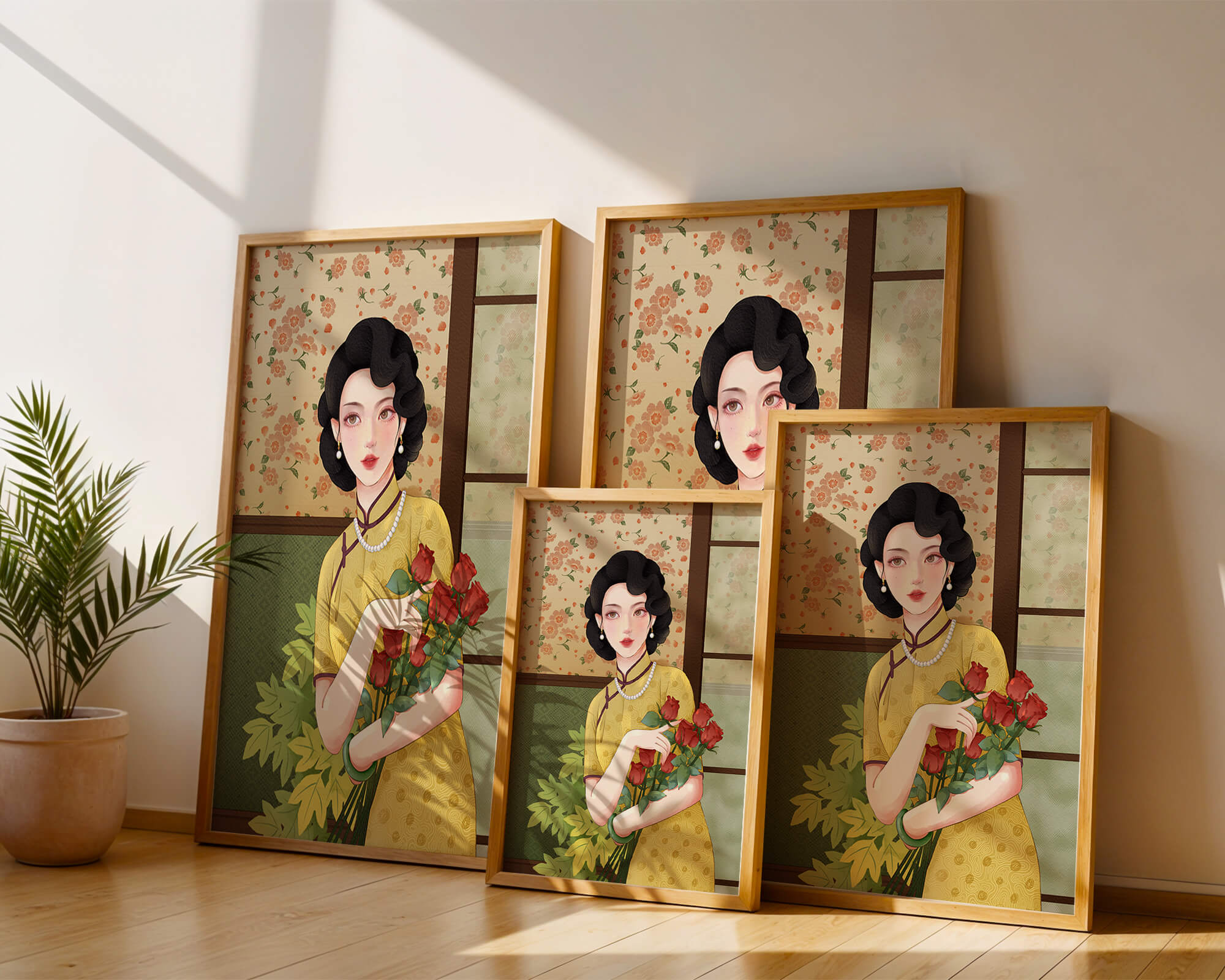 Elegant woman with floral backdrop holding a bouquet