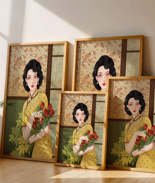 Mujer elegante con fondo floral sosteniendo un ramo