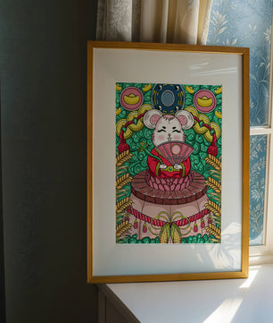 Ratón decorativo encantador con elementos asiáticos y monedas sobre un fondo vibrante