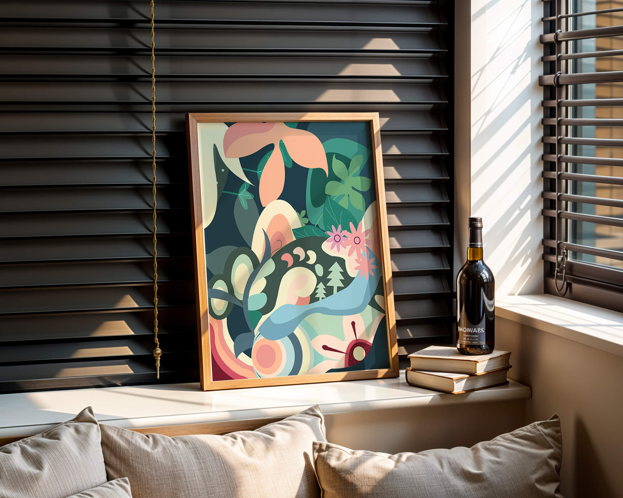 Abstract floral illustration with pastel colors and nature elements