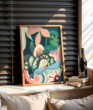 Abstract floral illustration with pastel colors and nature elements