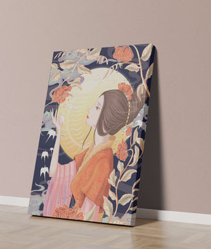 Illustration élégante d'une femme avec des éléments floraux sous la lumière de la lune