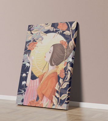 Elegant illustration of a woman with floral elements under the moonlight