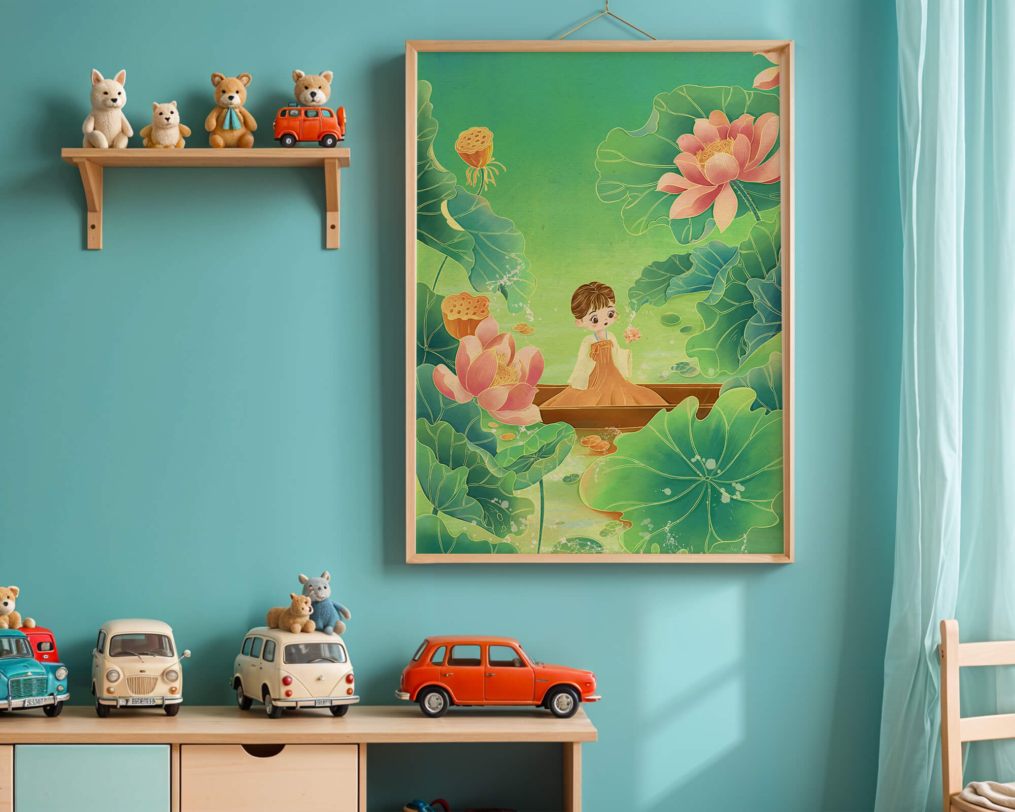 Serene illustration with girl among lotus flowers and green leaves