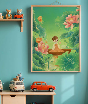 Serene illustration with girl among lotus flowers and green leaves
