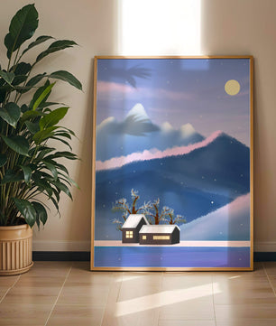 Paysage de montagne enneigée avec des maisons et des arbres sous la lumière de la lune