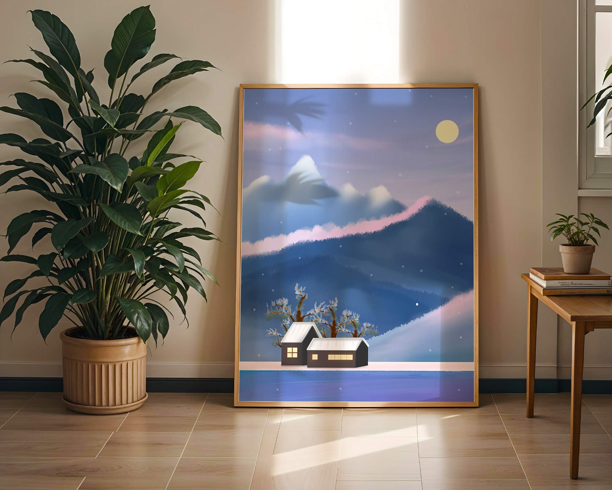Paysage de montagne enneigée avec des maisons et des arbres sous la lumière de la lune