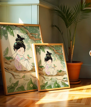 Serene illustration of a girl with a bird in a tree