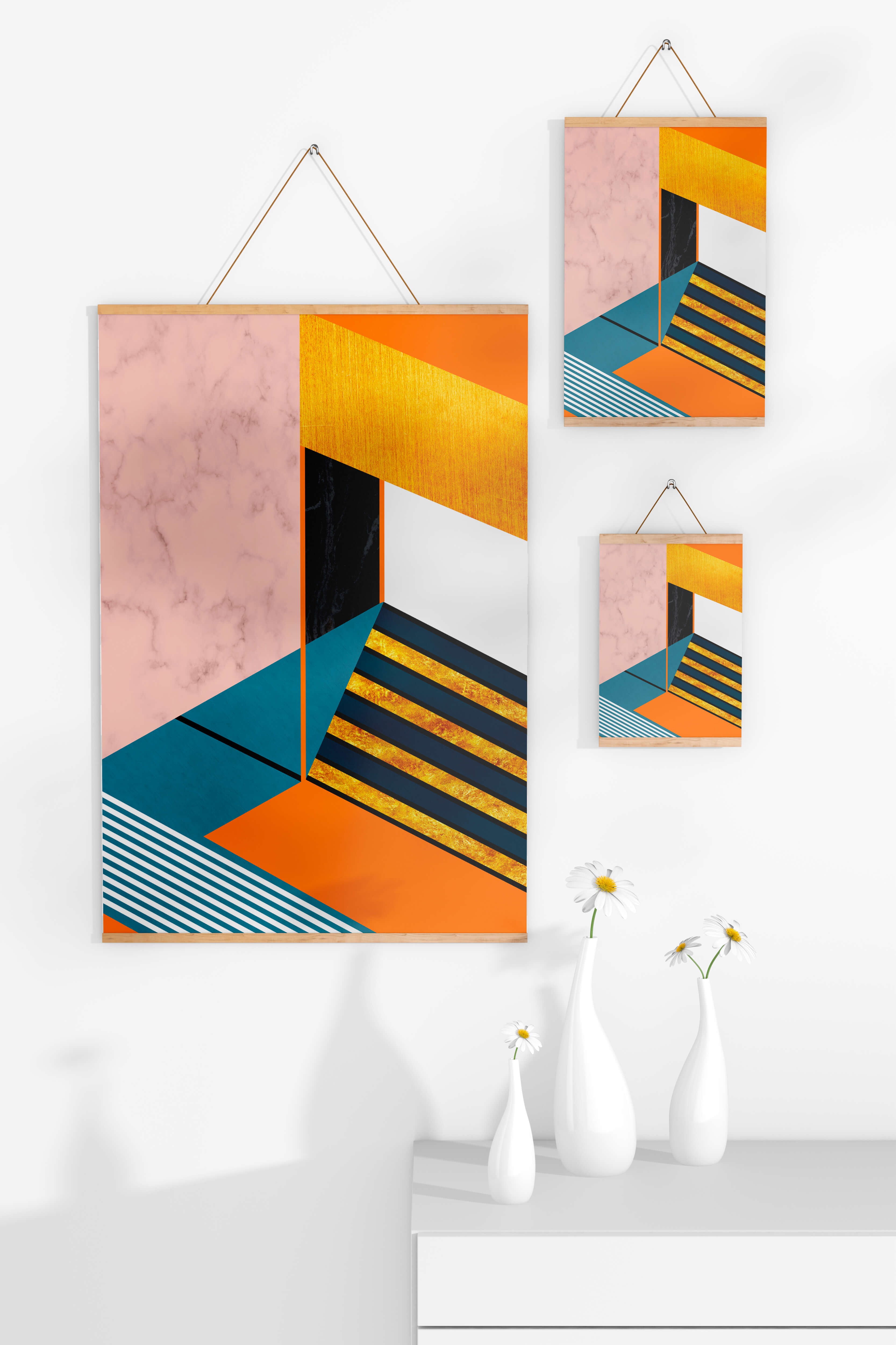 Abstract geometric design with marble and gold textures