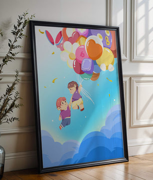 Ilustración caprichosa de niños en el cielo con globos de colores