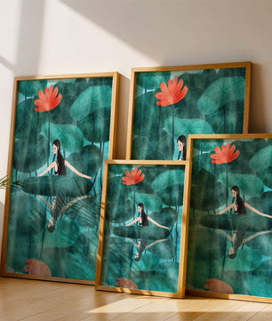 Femme réfléchissant parmi des feuilles de lotus et des fleurs avec une image miroir
