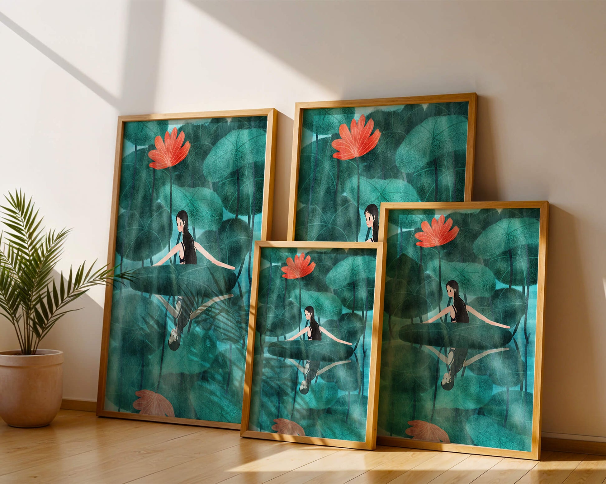 Woman Reflecting among Lotus Leaves and Flowers with a Mirror Image
