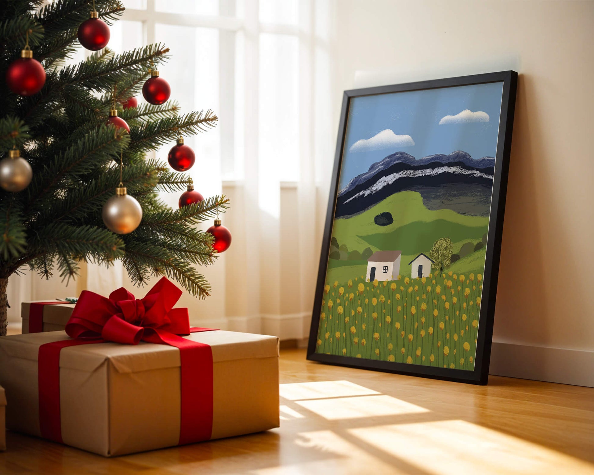 Peaceful Rural Landscape with Houses and Yellow Flowers under Blue Sky