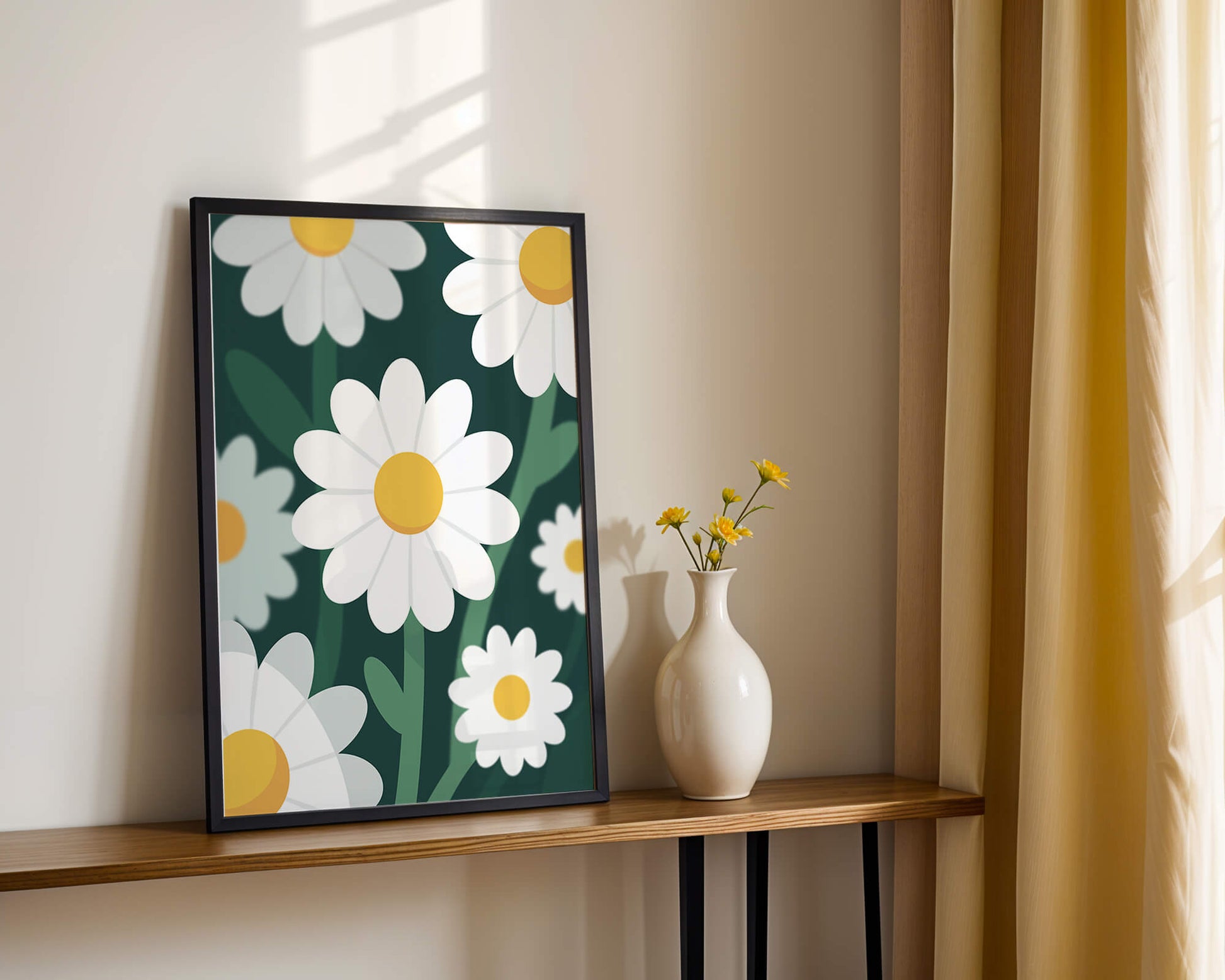 Margaritas sobre fondo verde oscuro con diseño abstracto