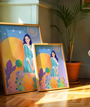Ilustración de fantasía de una mujer en un jardín cósmico con colores vibrantes